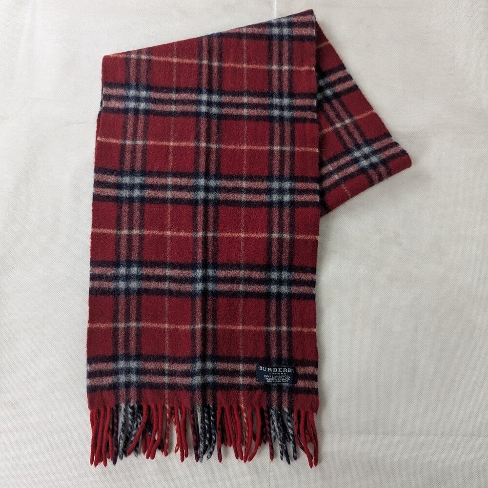 Burberry London 100% Lambswool Classic Nova Check Red Scarf Made In England